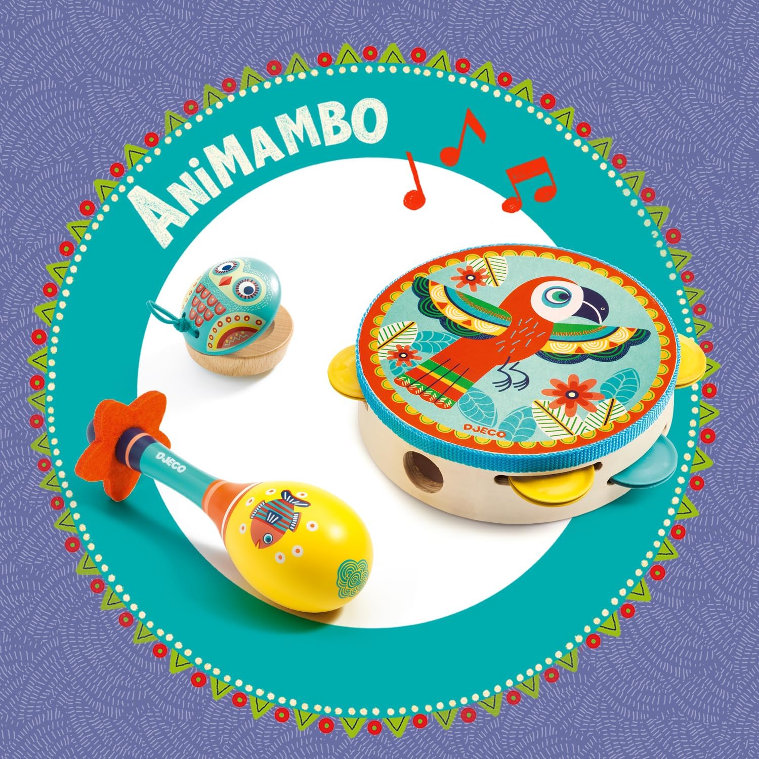 Djeco Animambo – Tambourine | Maraca | Castanet – Music Instrument Set