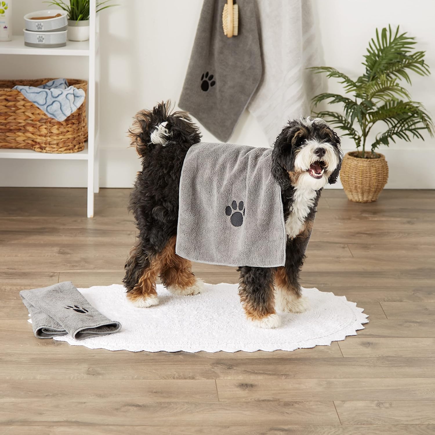 Bone Dry Pet Grooming Towel Embroidered Absorbent Microfiber – 15" x 30" Gray