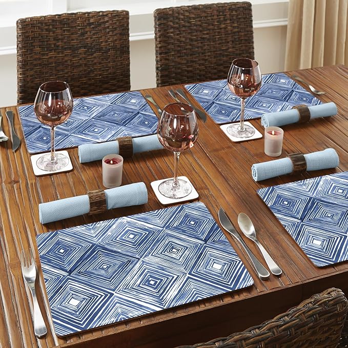 Highland Home Hardboard Cork-Backed Placemats – Indigo Diamond – Set of 4