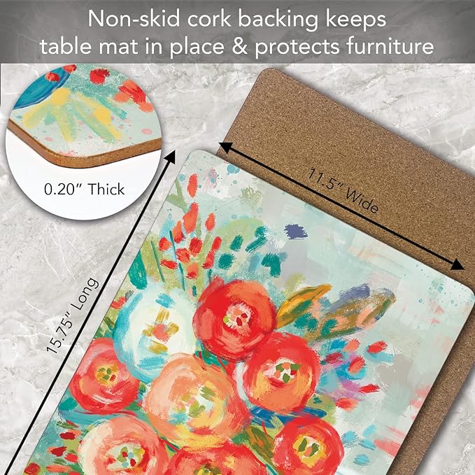 Highland Home Hardboard Cork-Backed Placemats – Coral Floral – Set of 4