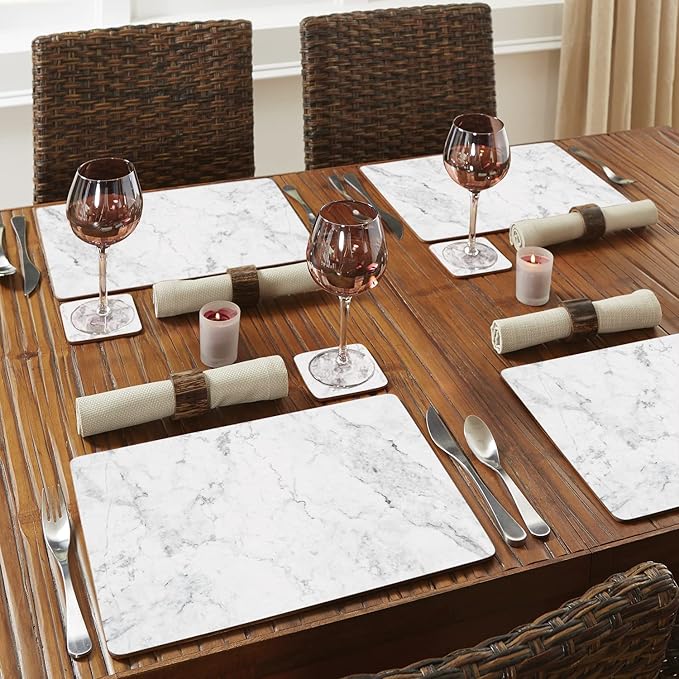 Highland Home Hardboard Cork-Backed Placemats – White Marble – Set of 4