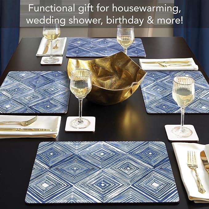 Highland Home Hardboard Cork-Backed Placemats – Indigo Diamond – Set of 4
