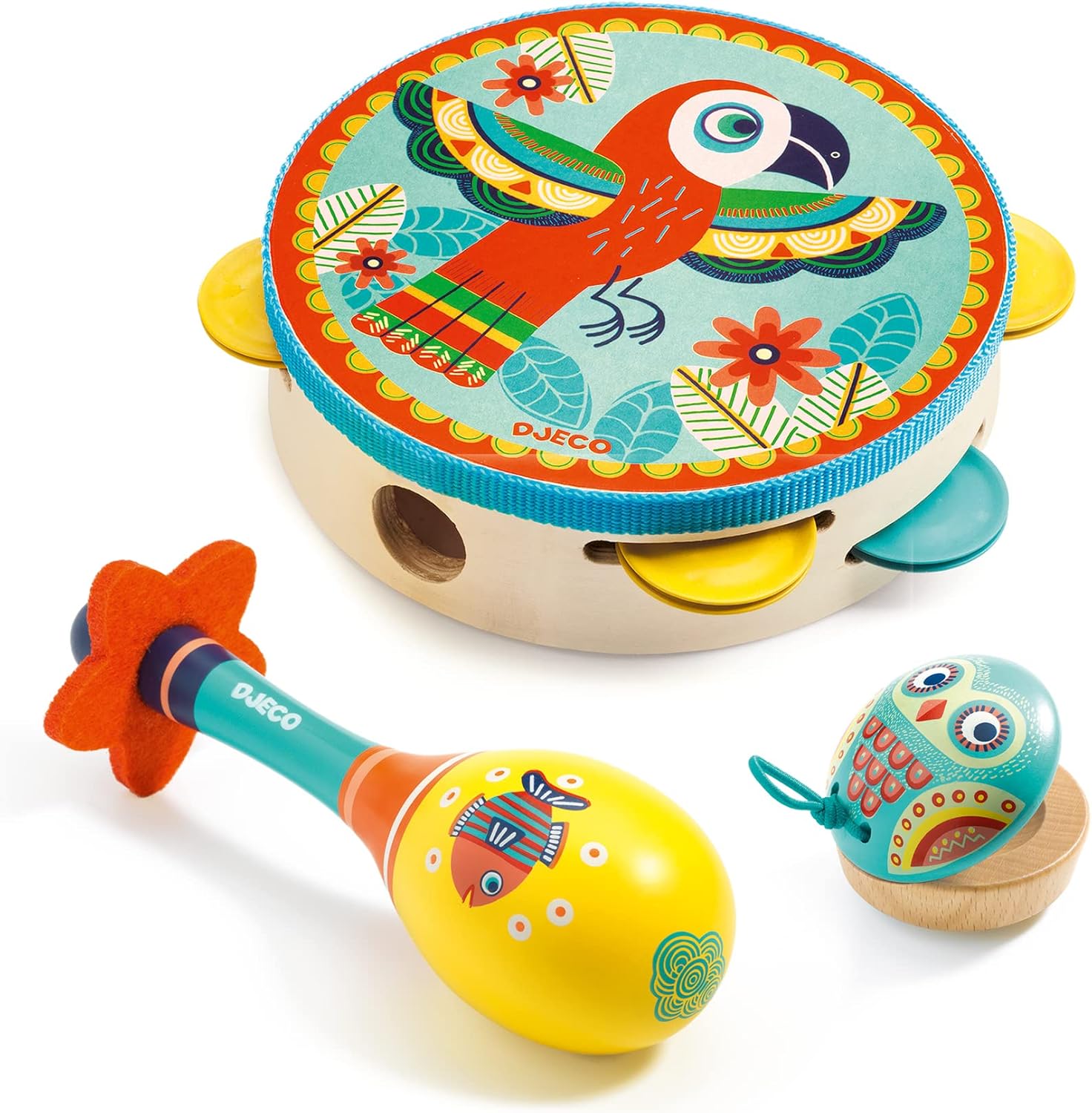 Djeco Animambo – Tambourine | Maraca | Castanet – Music Instrument Set