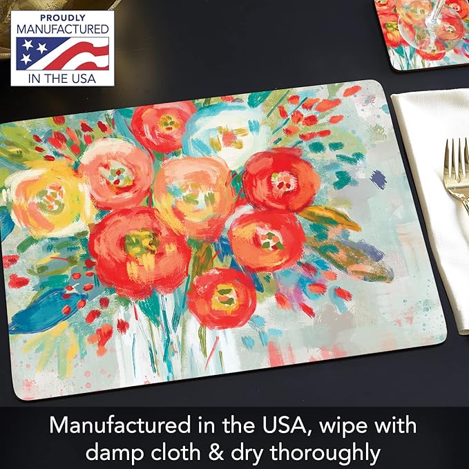 Highland Home Hardboard Cork-Backed Placemats – Coral Floral – Set of 4