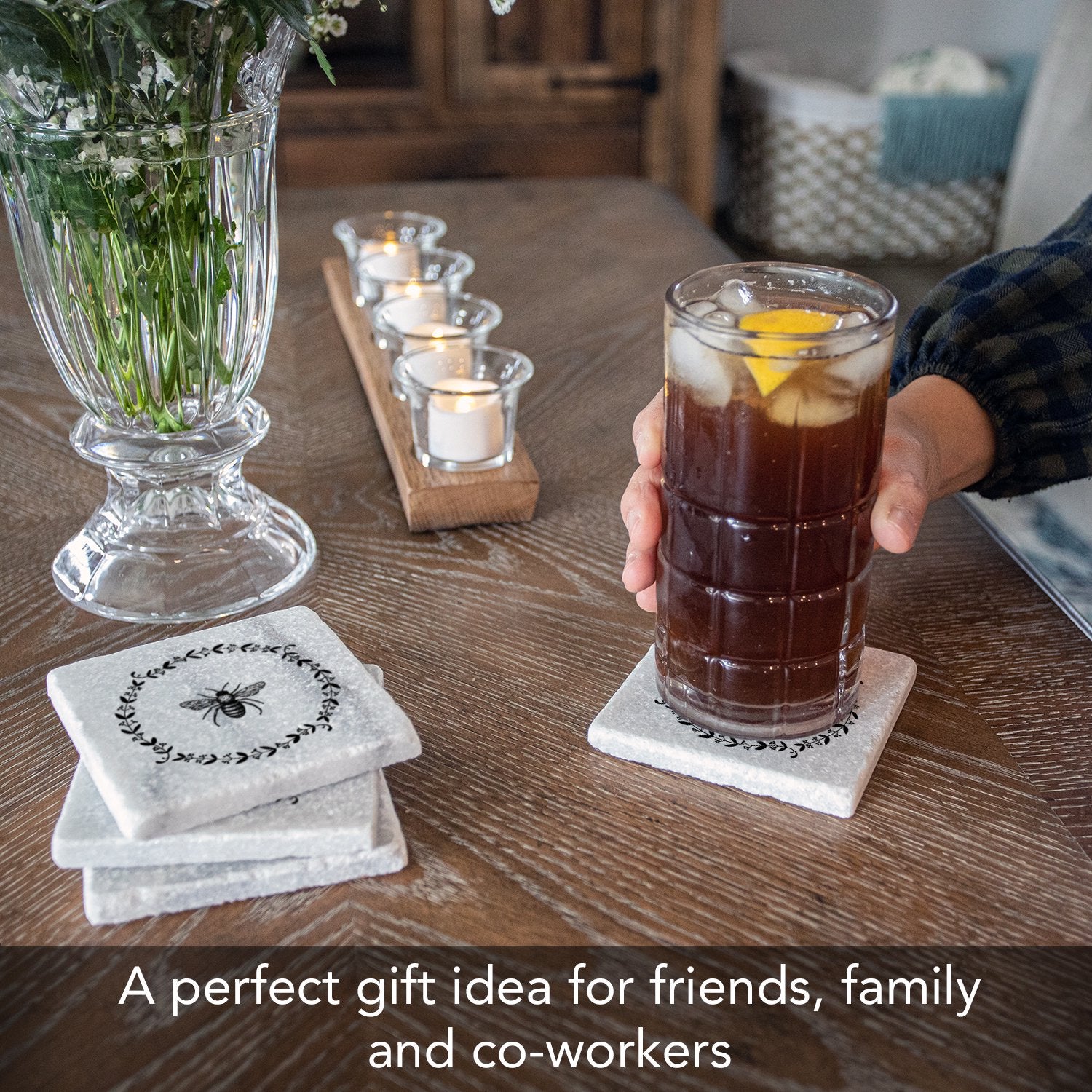 CounterArt Natural Marble Cork Backed Stone Coasters – "Bee" – Set of 4