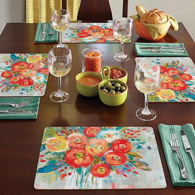 Highland Home Hardboard Cork-Backed Placemats – Coral Floral – Set of 4