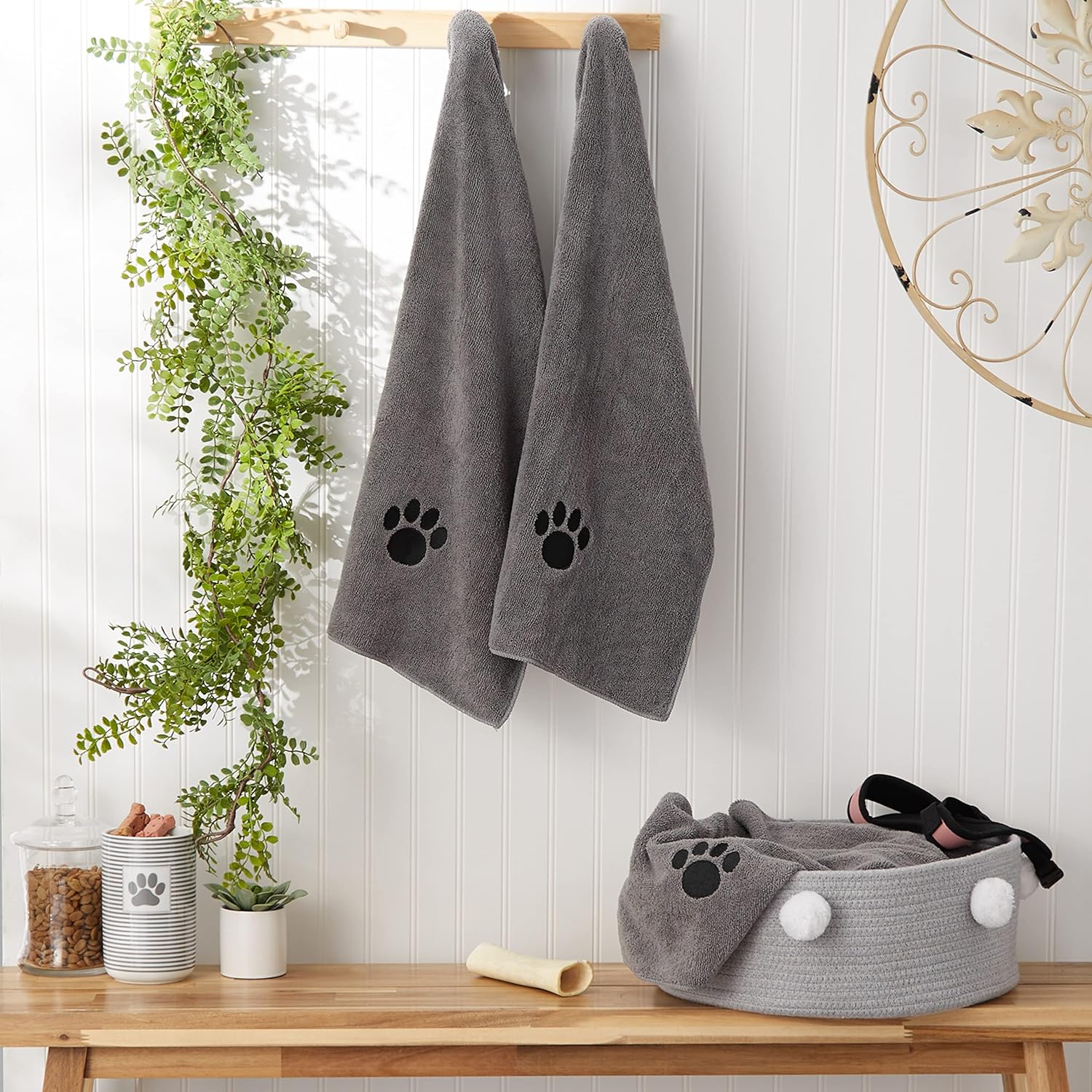 Bone Dry Pet Grooming Towel Embroidered Absorbent Microfiber – 15" x 30" Gray