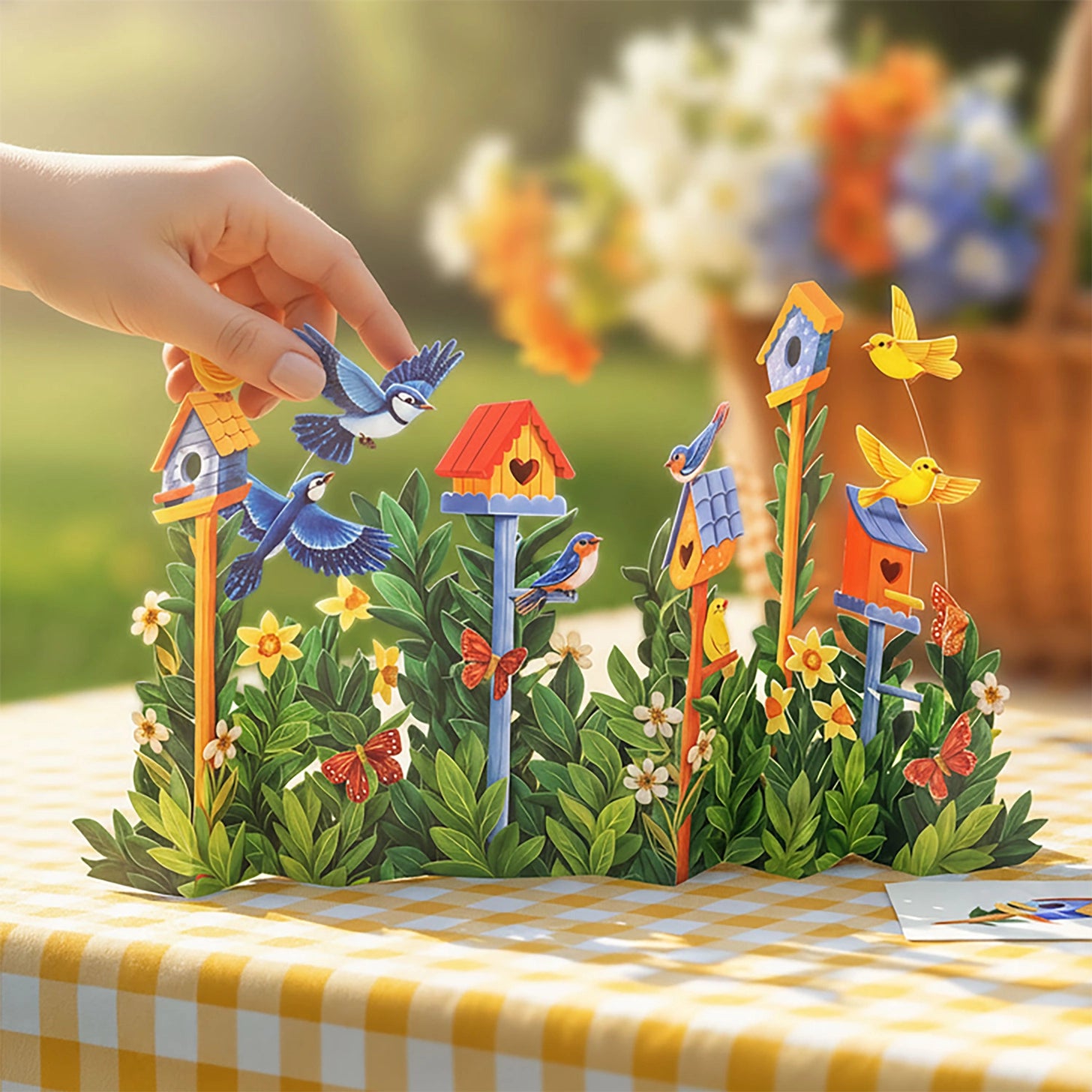 Fresh Cut Paper Mini 3D Pop Up Greeting Note Card – Birdhouse Garden – 6" x 5"