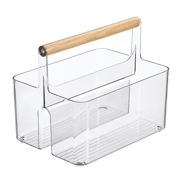 mDesign 2-Compartment Plastic Divider Caddy – Clear/Natural – 7” x 9”