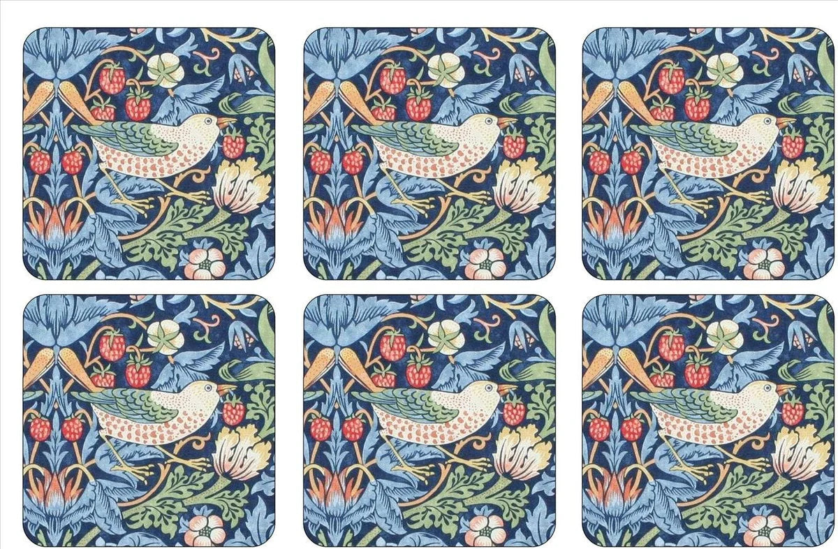 Portmeirmion Square Corkback Coasters – Strawberry Thief - Blue – Set of 6