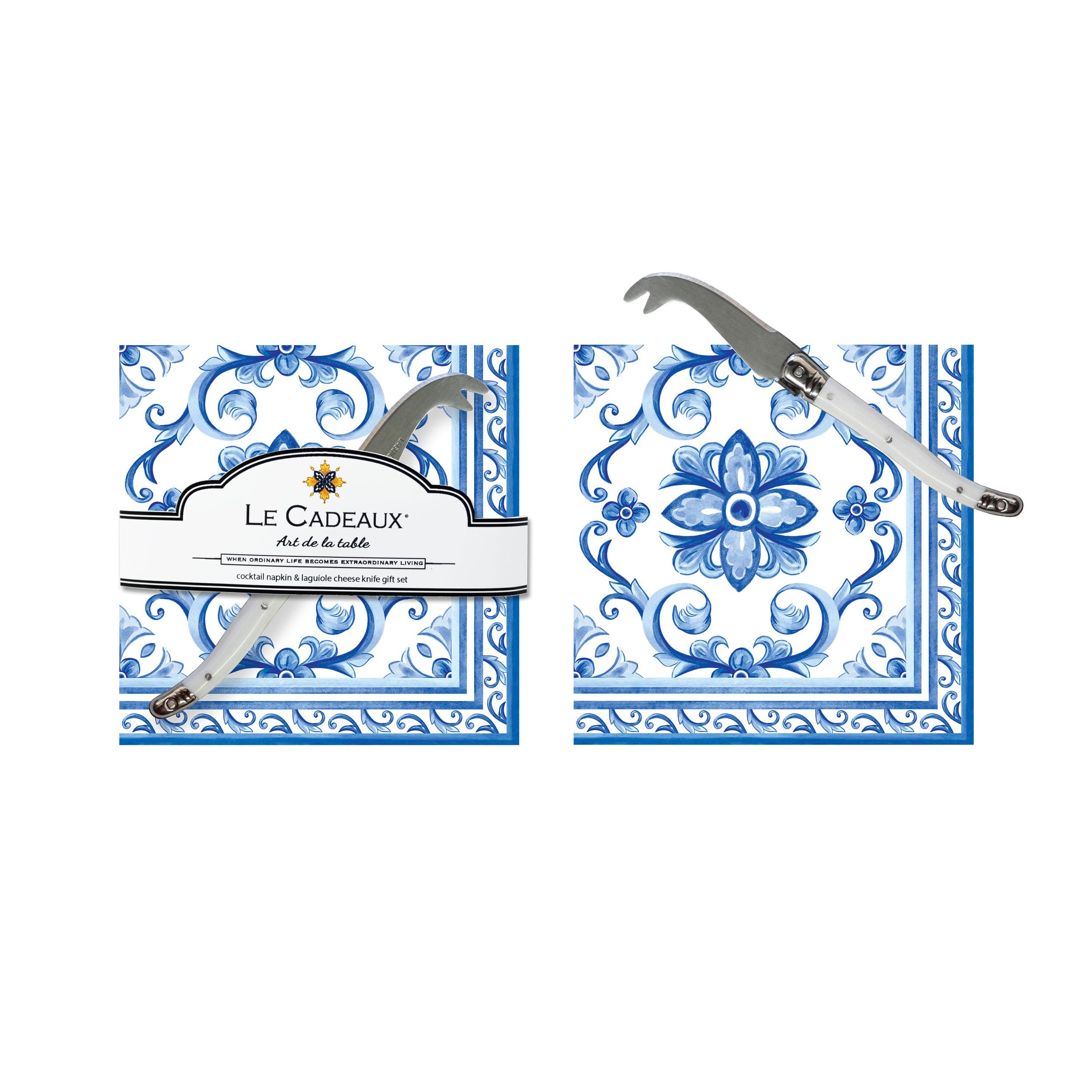 Le Cadeaux Mallorca Gift Set - 20 Cocktail Napkins With Laguiole Mini Cheese Knife
