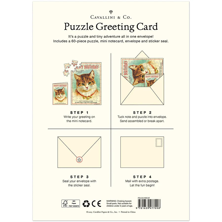 Cavallini & Co. Cat Puzzle Greeting Card – 5 x 7 – Happy Birthday