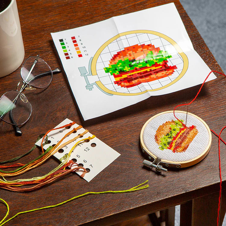 Kikkerland Mini Cross Stitch Embroidery Kit – Burger