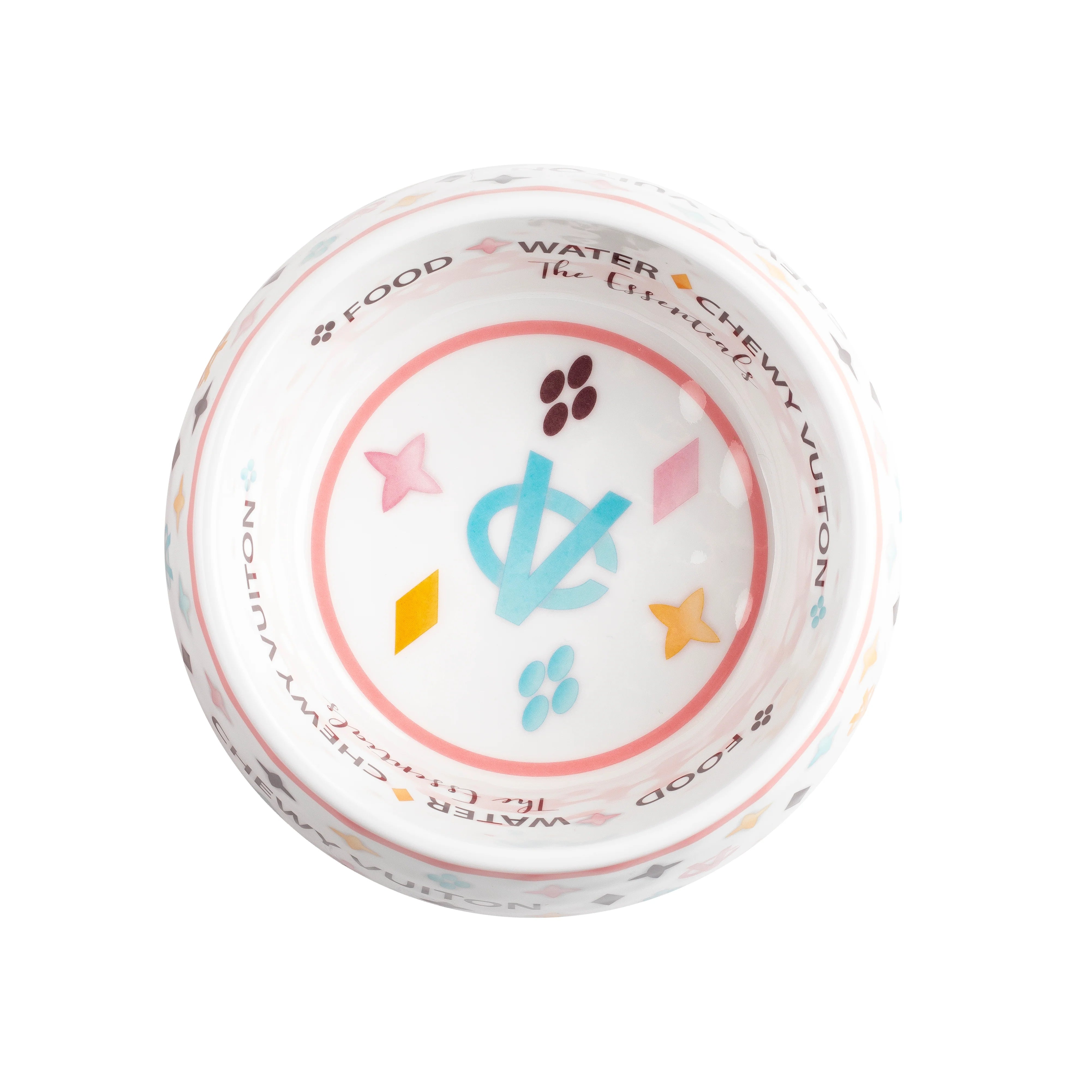 Cuenco Chewy Vuiton blanco mediano, inspirado en el diseñador Haute Diggity Dog, para perros consentidos