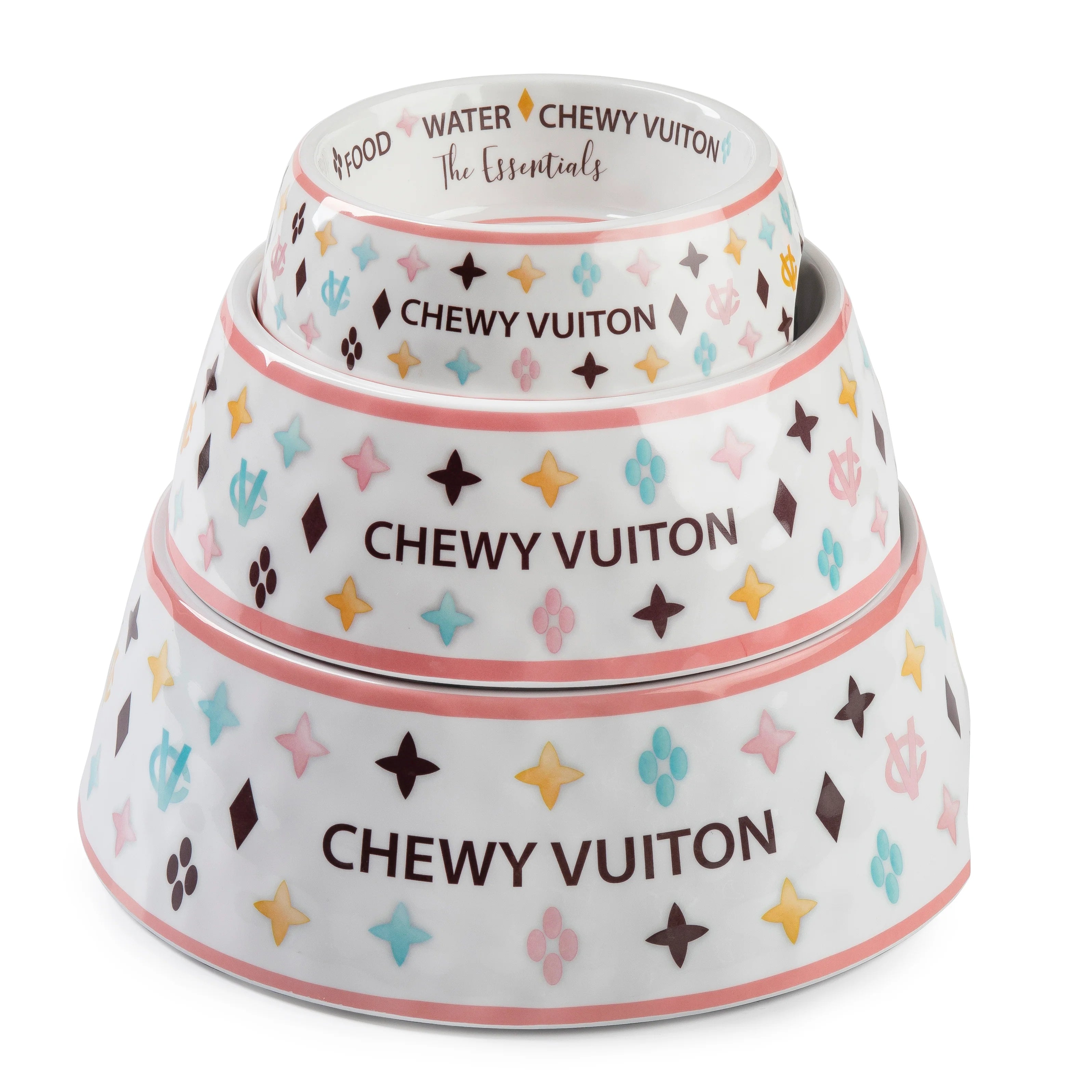 Cuenco Chewy Vuiton blanco mediano, inspirado en el diseñador Haute Diggity Dog, para perros consentidos