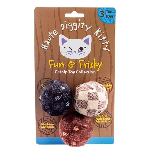 Haute Diggity Dog Designer Inspired Plush Kitty Toy – Checker KV Balls – Set of 3