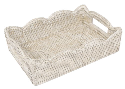 Caspari Rattan Scalloped Small Tray – Cream – 11” x 7.5” x 3"