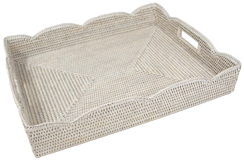Caspari Rattan Scalloped Large Tray – Cream – 20" x 16" x 3.5"