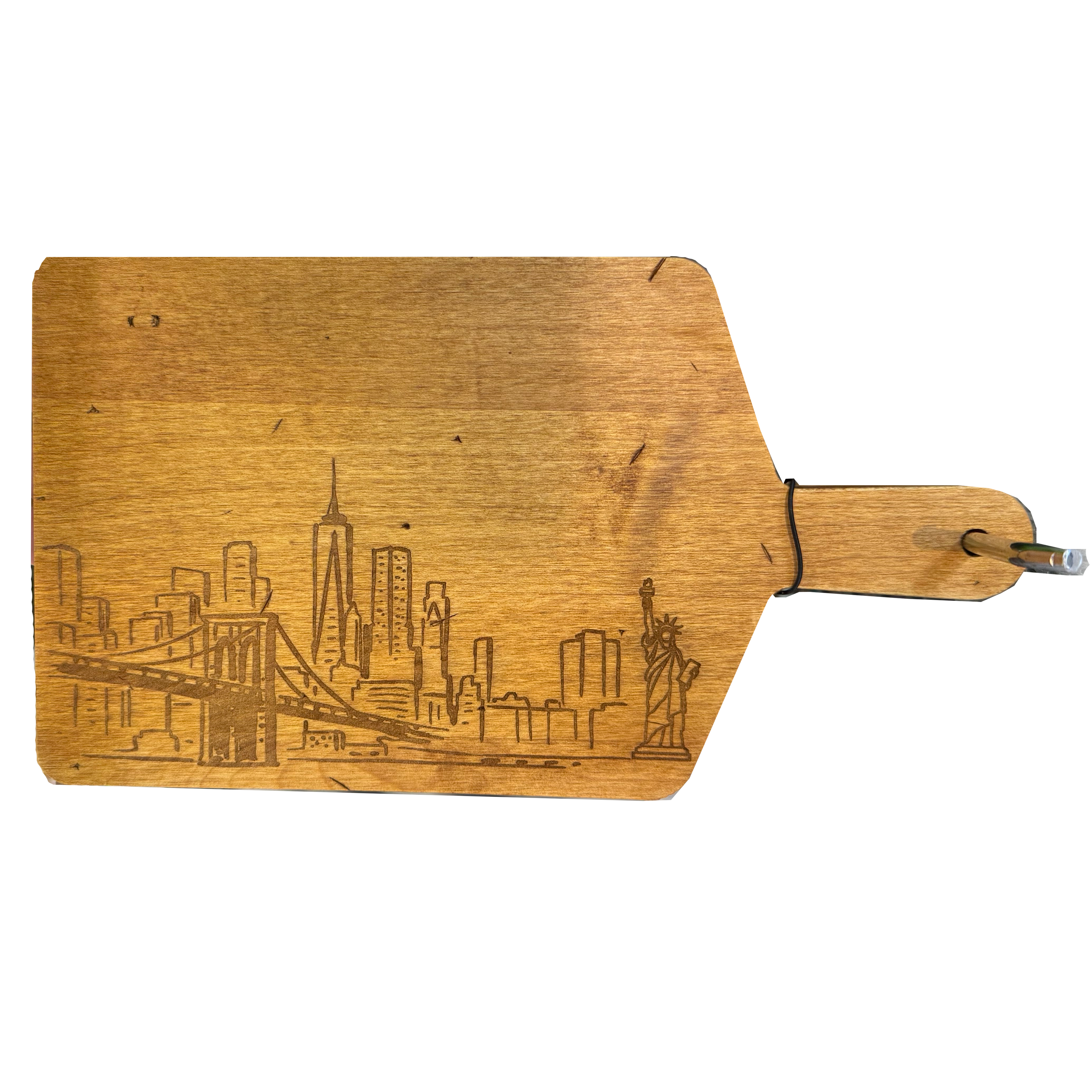 JK Adams Maple Rectangle Handle Cheese Board – New York City Skyline – 11" x 6"