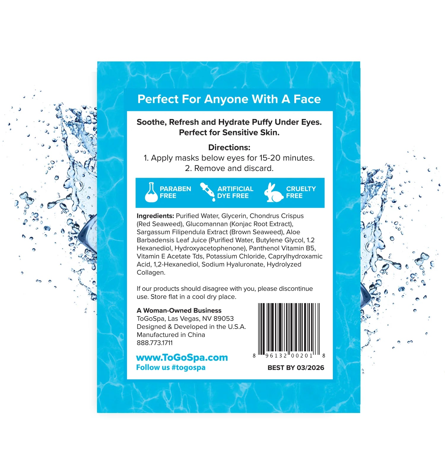 ToGoSpa Under Eye Masks – The Original De-Puffer – Ice Water – Pack of 3