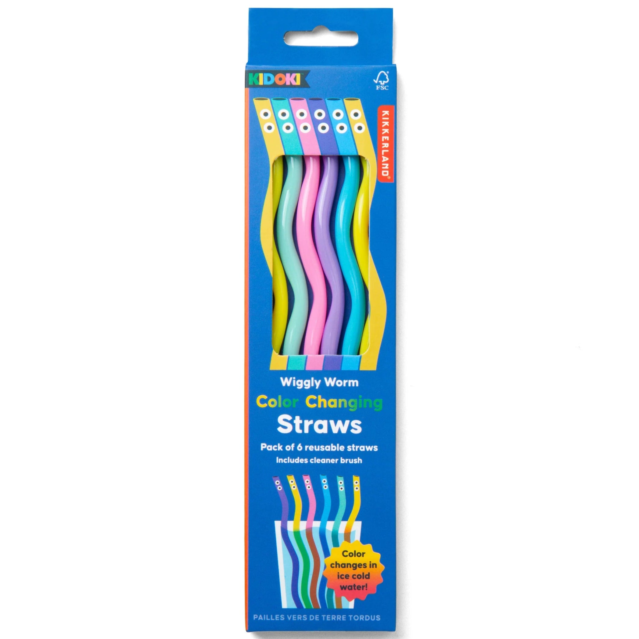 Kikkerland Kidoki Wiggly Worm Color Changing Straws – Set of 6