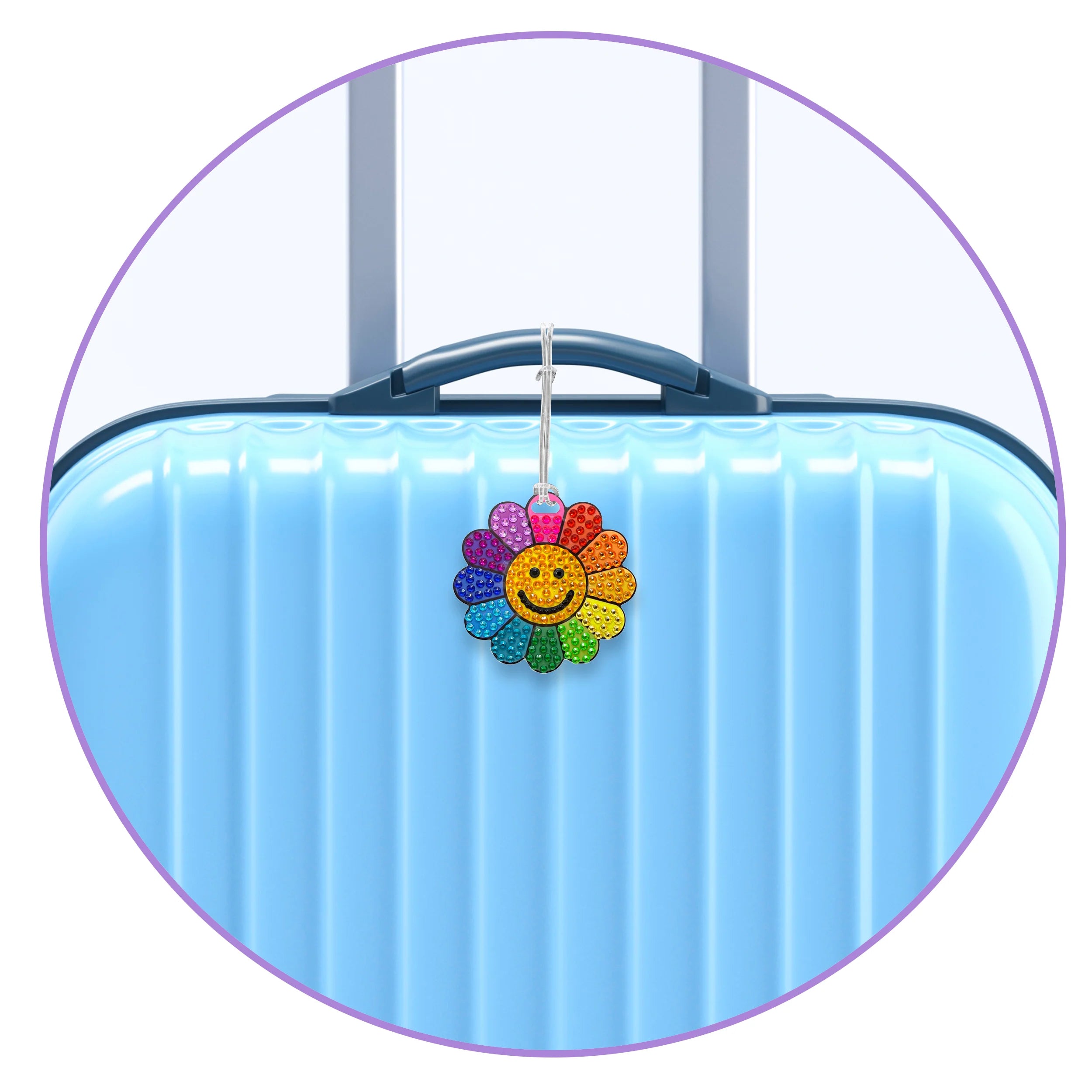 StickerBeans Sparkle Luggage Tag – 3.5" dia. – Rainbow Daisy