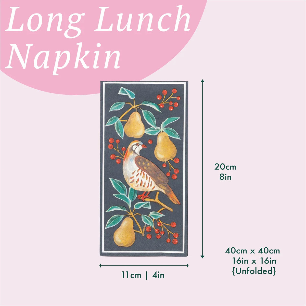 Talking Tables Long Lunch Paper Napkins - Partridge & Pear – 16 Pack