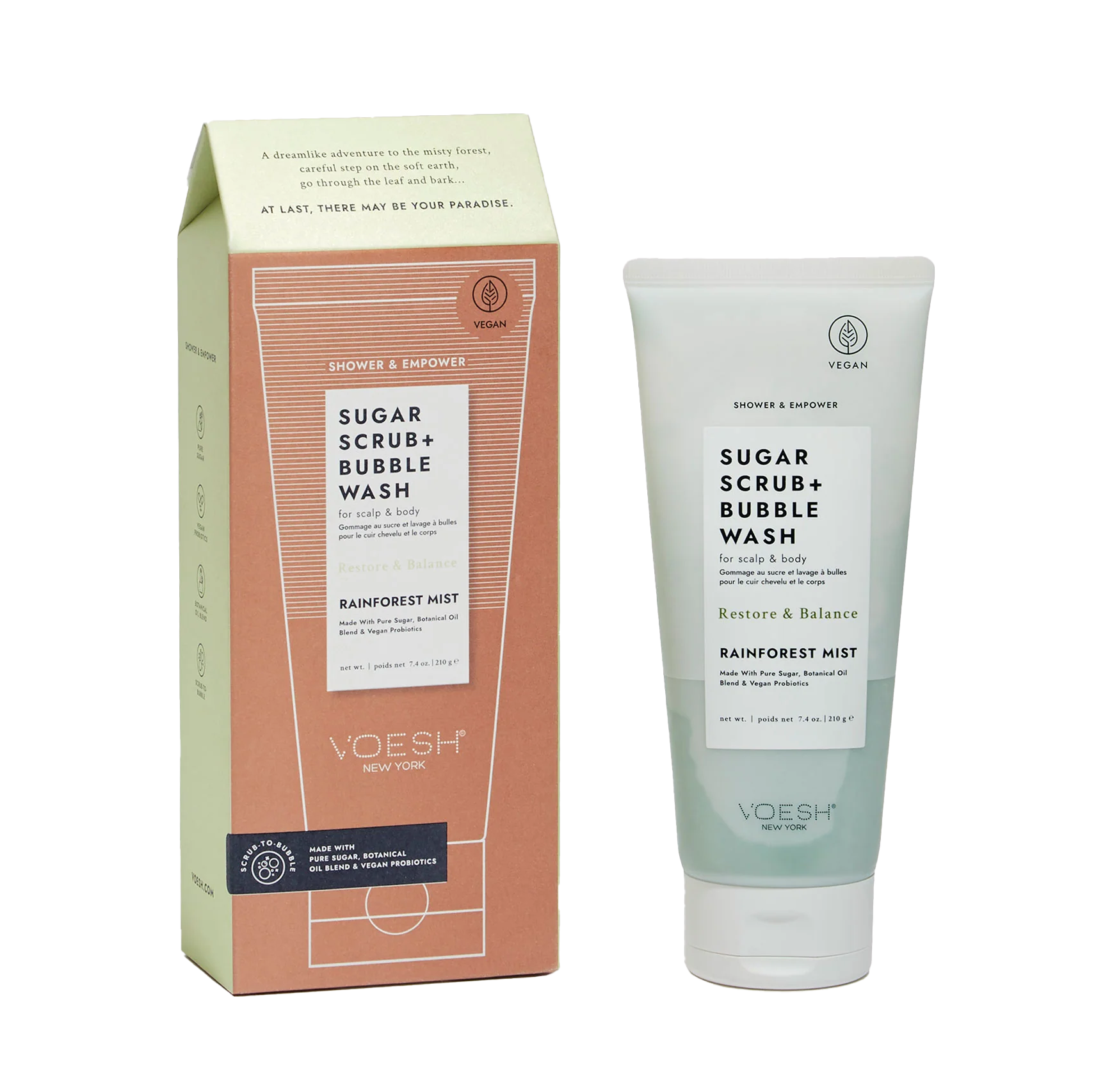 Voesh Sugar Scrub & Bubble Wash – 7.4 oz – Rainforest Mist