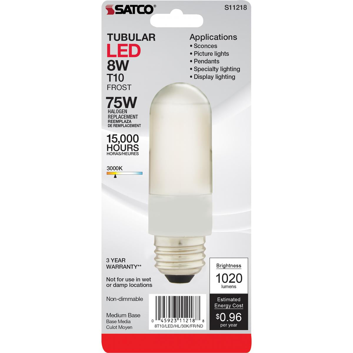 Satco LED T10 Frosted Tubular Light Bulb – 8W – 75W Equivalent – E26 Base – Warm White – 3000K
