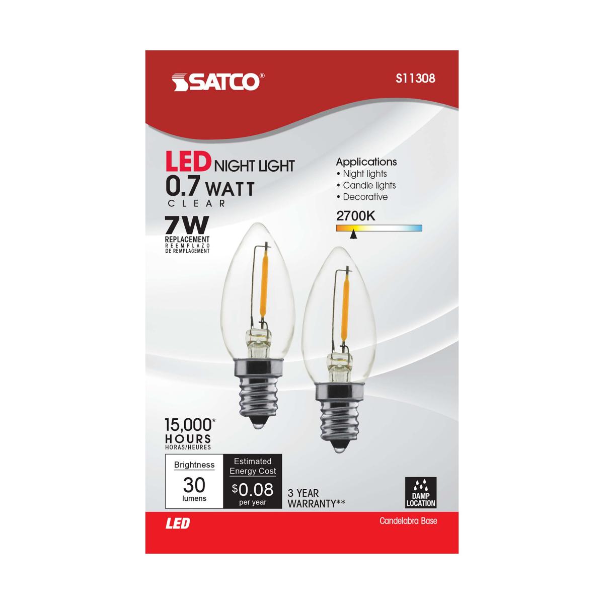 Satco LED Night Light Bulbs – 0.7W – 7W Incandescent Equivalent – E12 Base – Clear – 2700K – Pack of 2