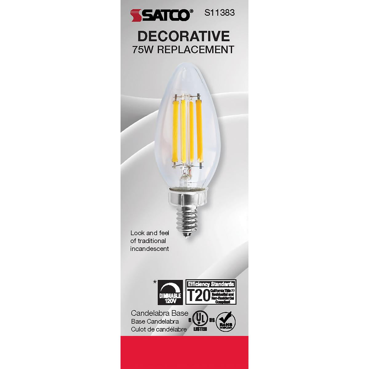 Satco LED 75W Equivalent Torpedo Bulb – 8W – E12 Candelabra Base – Clear – 2700K