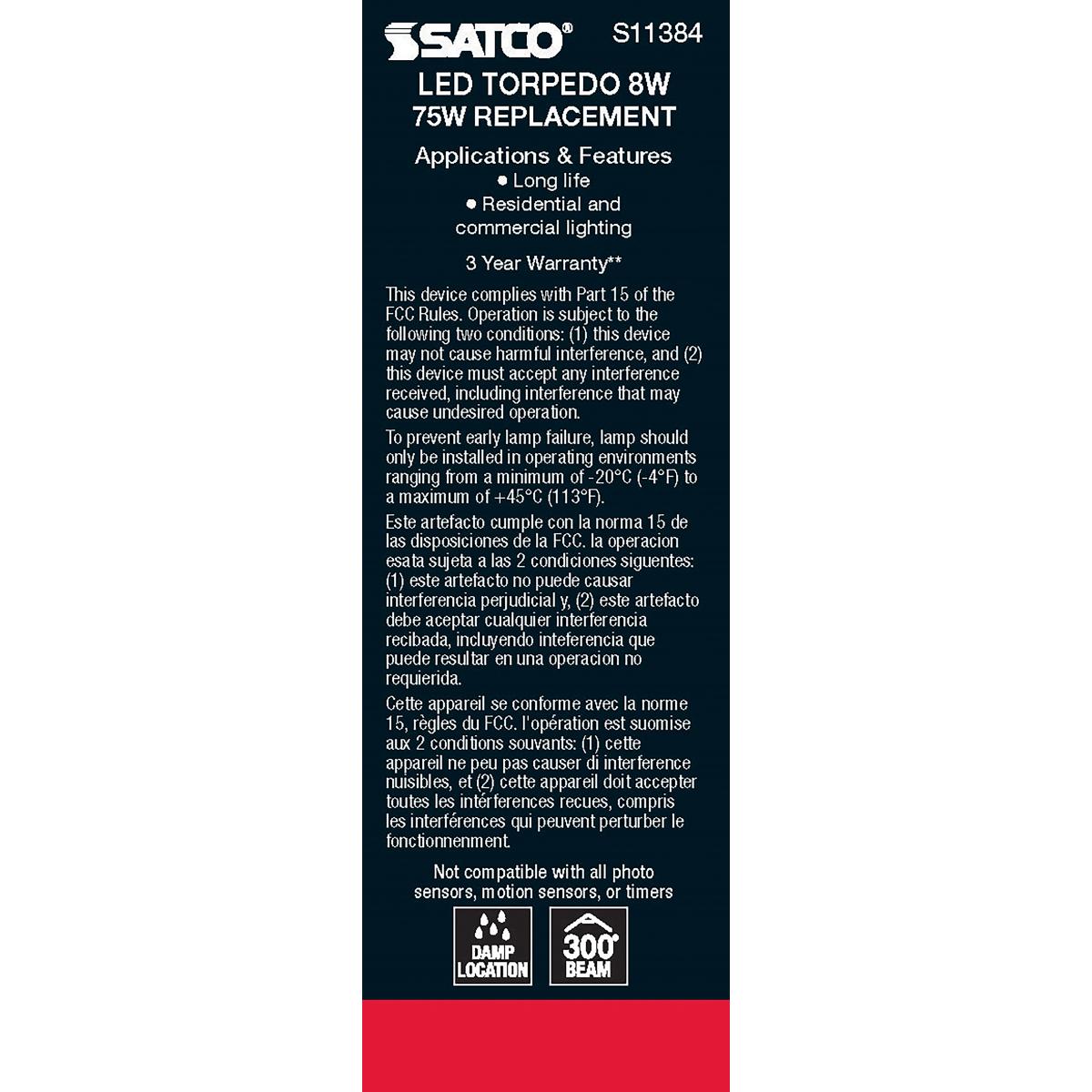 Satco LED 75W Equivalent Torpedo Bulb – 8W – E12 Candelabra Base – Frosted – Warm White – 2700K