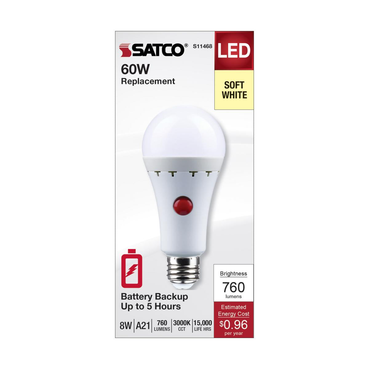 Satco LED A21 Battery Backup Bulb – 8W – 60W Equivalent – Soft White