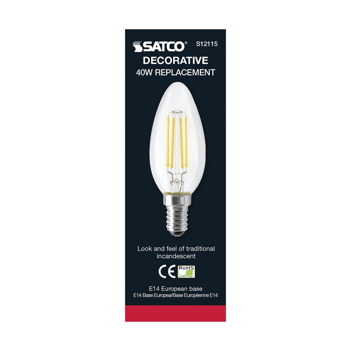 Satco LED European 40W Equivalent Torpedo Bulb – 4.5W – E14 Euro Base – Clear – 3000K