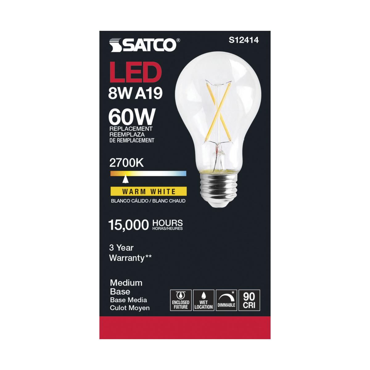 Bombilla LED de repuesto clásica A19 Satco – 8W – Equivalente a 60W – Base E26 – Transparente – 2700K