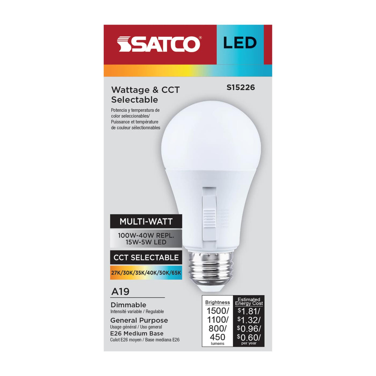Satco LED A19 Wattage and Color Selectable Light Bulb - E26 Base – Dimmable