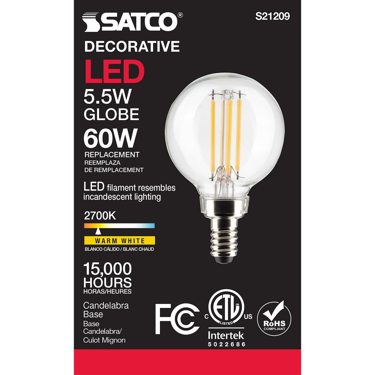 Bombilla LED tipo globo G16.5 de Satco – 5.5W – Equivalente a 60W – Base E12 – Transparente – 2700K