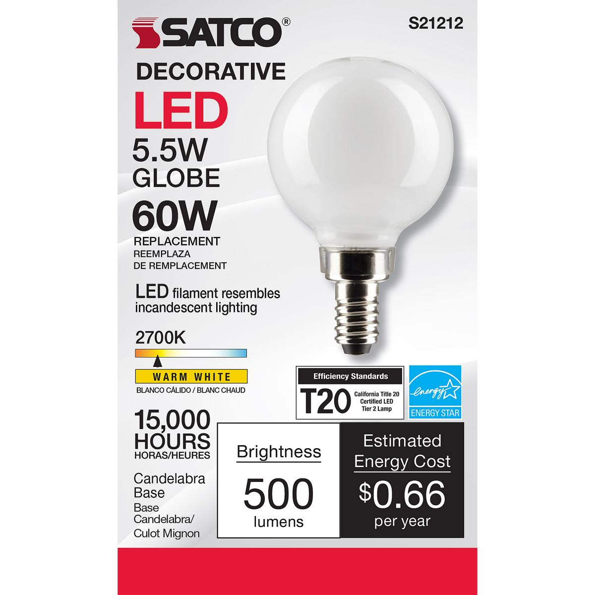 Satco LED G16.5 Globe Light Bulb – 5.5W – 60W Equivalent – E12 Base – Warm White – 2700K