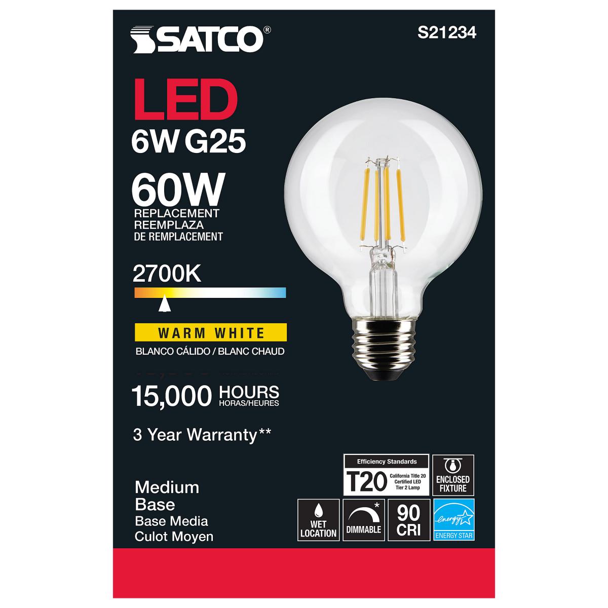 Bombilla LED tipo globo G25 Satco – 6W – Equivalente a 60W – Base E26 – Transparente – 2700K