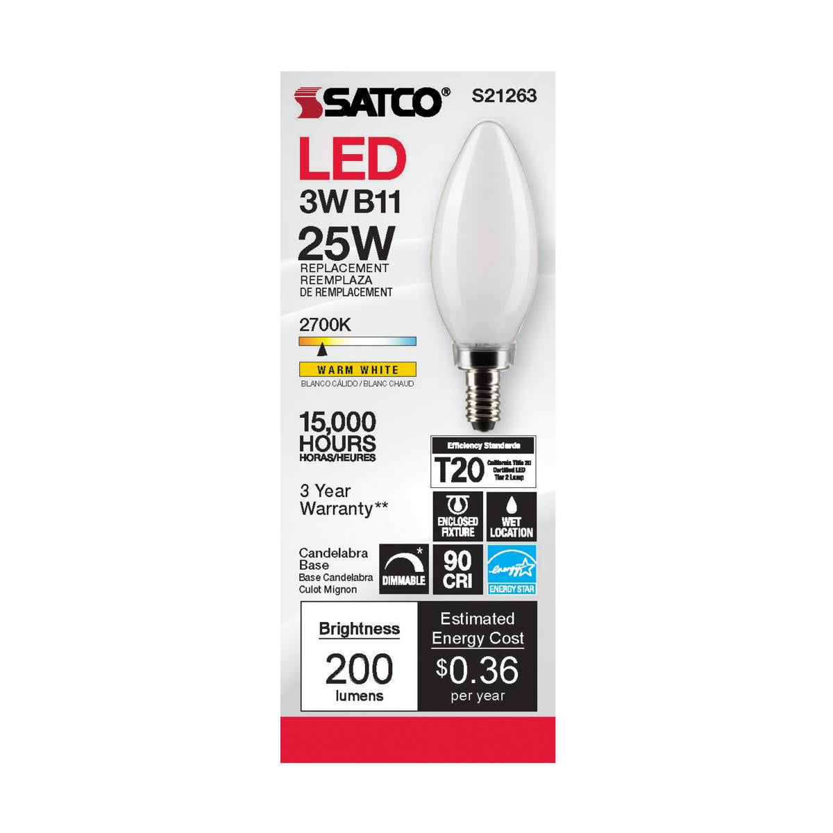 Satco LED 25W Equivalent Frosted Torpedo Bulb – 3W – E12 Candelabra Base – Warm White – 2700K