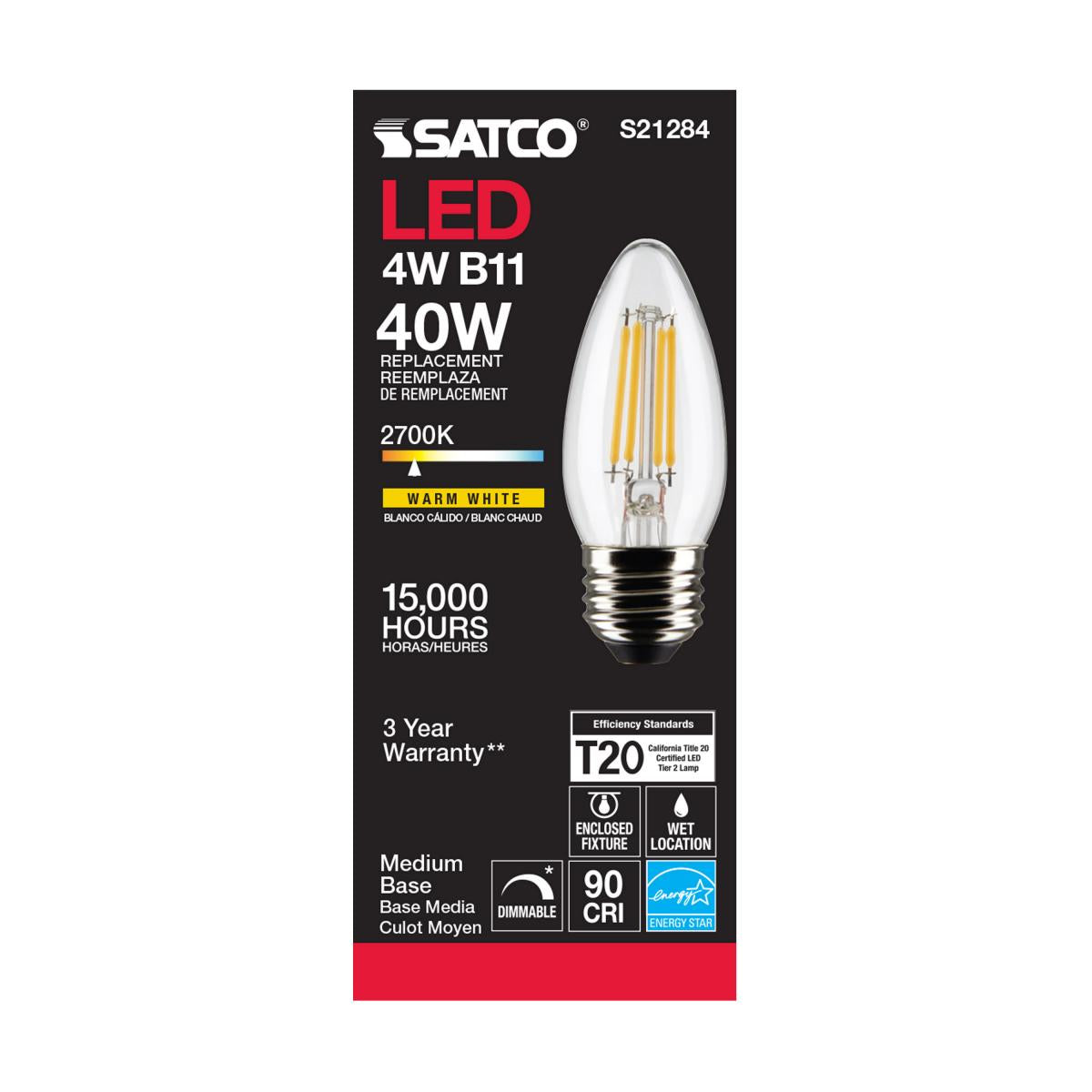 Satco LED Medium Base 40W Equivalent Torpedo Bulb – 4W – E26 Edison Base – Clear – 2700K