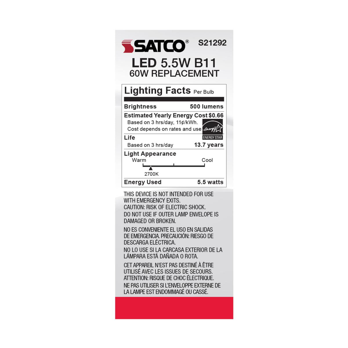 Satco LED Medium Base 60W Equivalent Torpedo Bulb – 5.5W – E26 Edison Base – Frosted – Warm White – 2700K