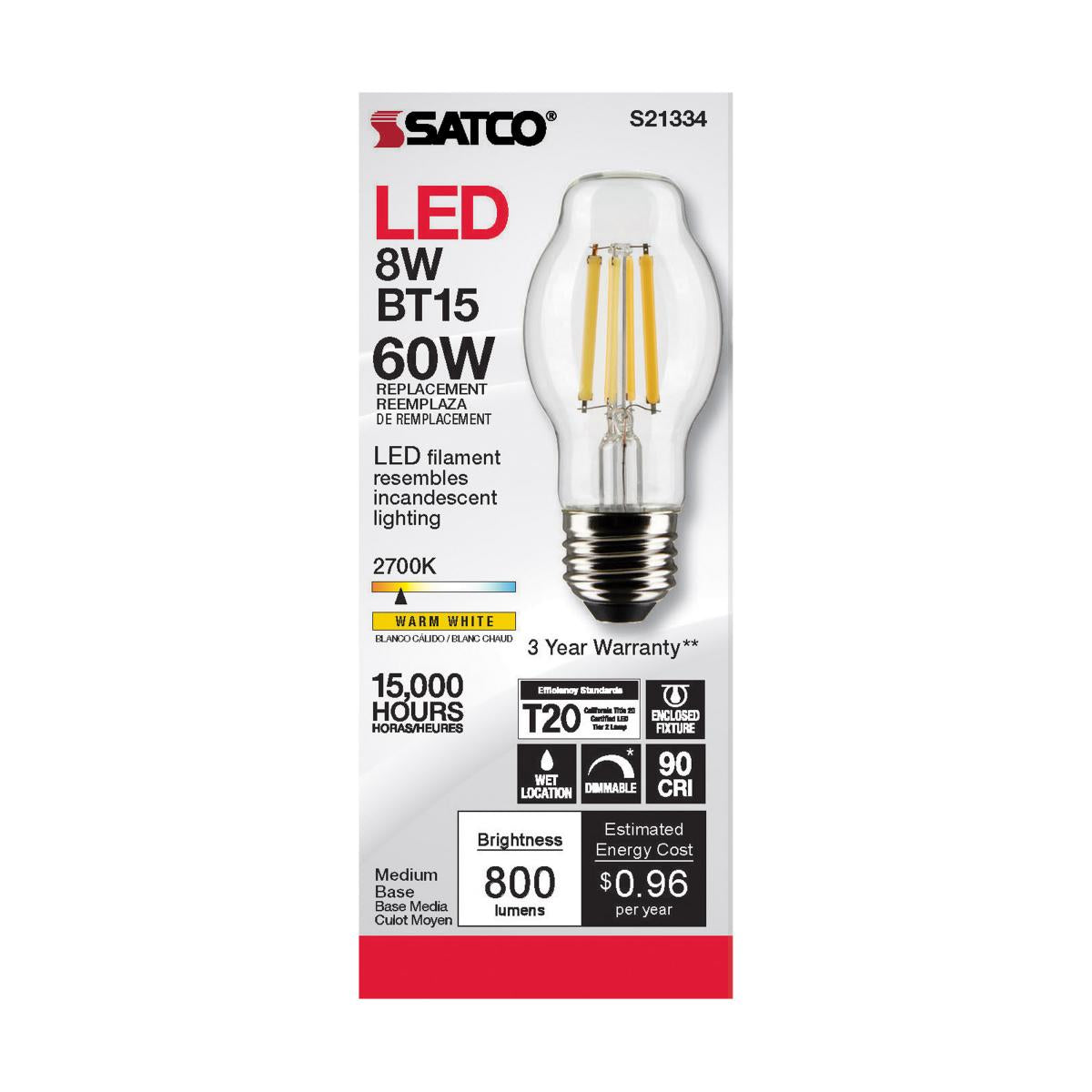 Satco LED BT15 Bulb – 8W – 60W Equivalent – E26 Base – Clear – 2700K