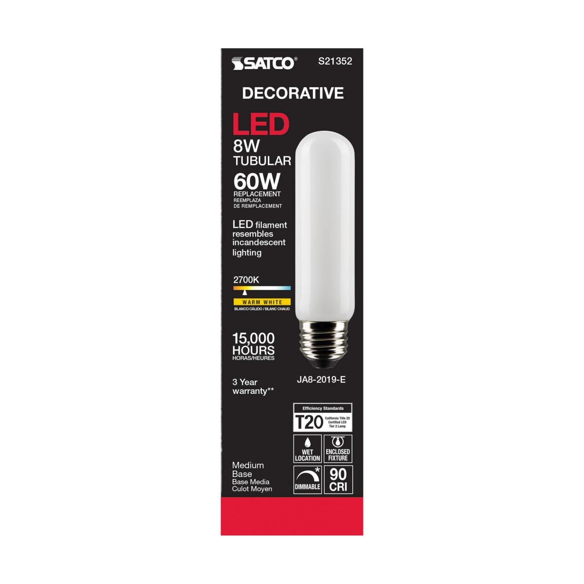 Satco LED T10 Tubular Light Bulb – 8W – 60W Equivalent – E26 Base – Warm White – 2700K