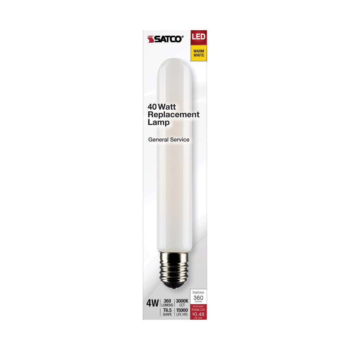 Satco LED T6.5 Frosted Tubular Light Bulb – 4W – 40W Equivalent – E17 Base – Warm White – 3000K