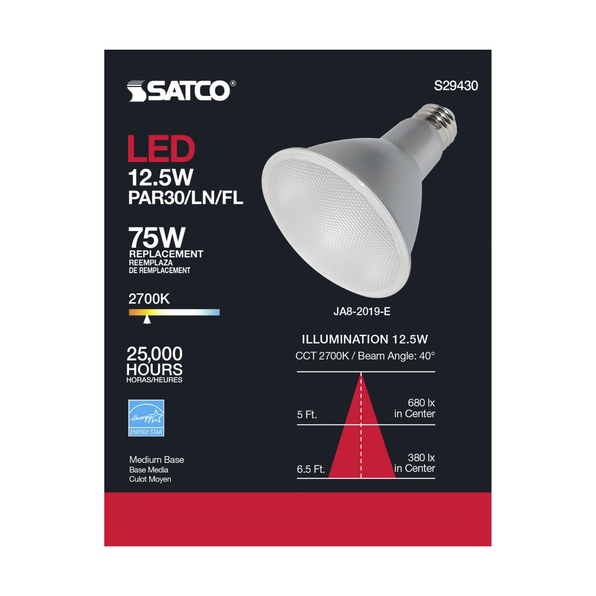 Satco LED PAR30LN Bulb – 12.5W – 75W Halogen Equivalent – E26 Base – Warm White – 2700K