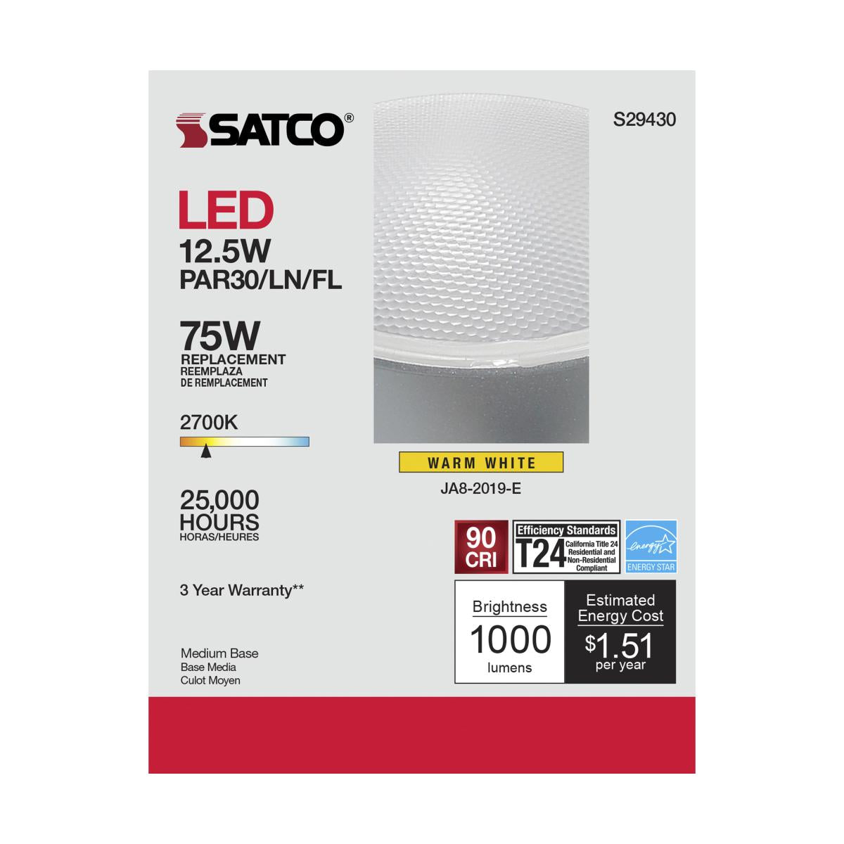 Satco LED PAR30LN Bulb – 12.5W – 75W Halogen Equivalent – E26 Base – Warm White – 2700K