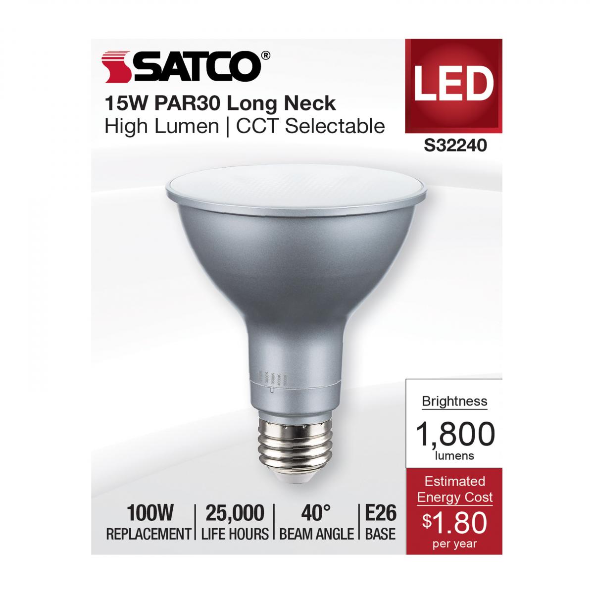 Satco LED PAR30LN Color Selectable Light Bulb – 15W – 100W Equivalent – E26 Base – Dimmable