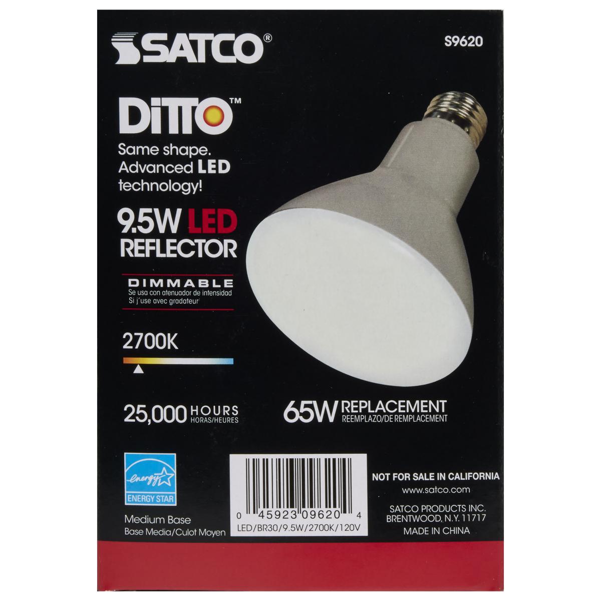 Bombilla LED reflectora Satco BR30 – 9.5W – Equivalente a 65W – Base E26 – Blanco cálido – 2700K