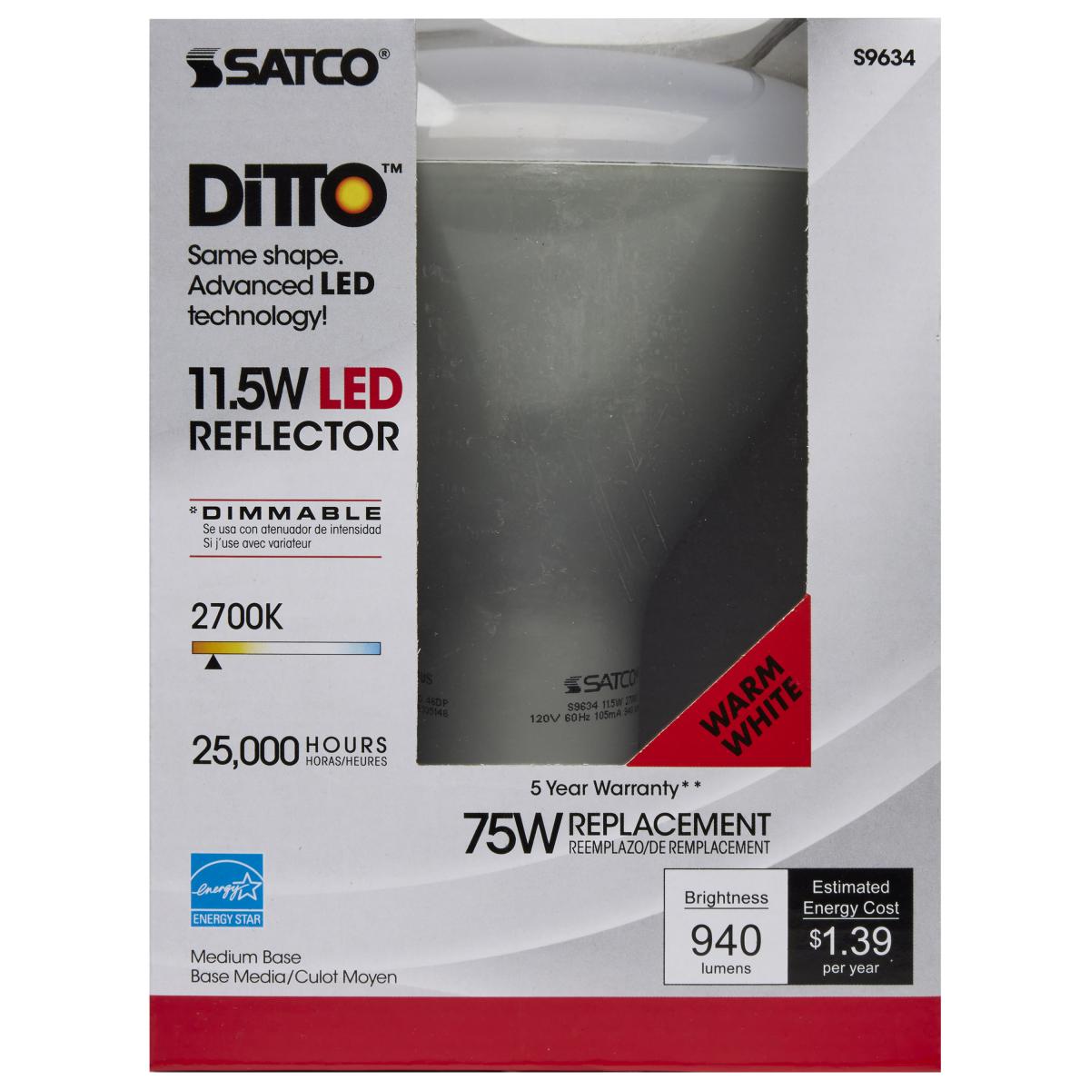 Satco LED BR40 Reflector Light Bulb – 11.5W – 75W Equivalent – E26 Base – Warm White – 2700K
